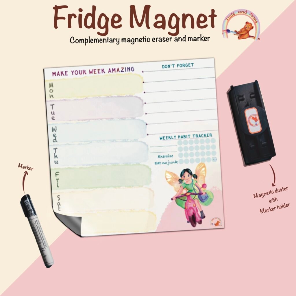 Fridge Magnet - With Duster and Marker - Weekly Planner - Bike Fairy
